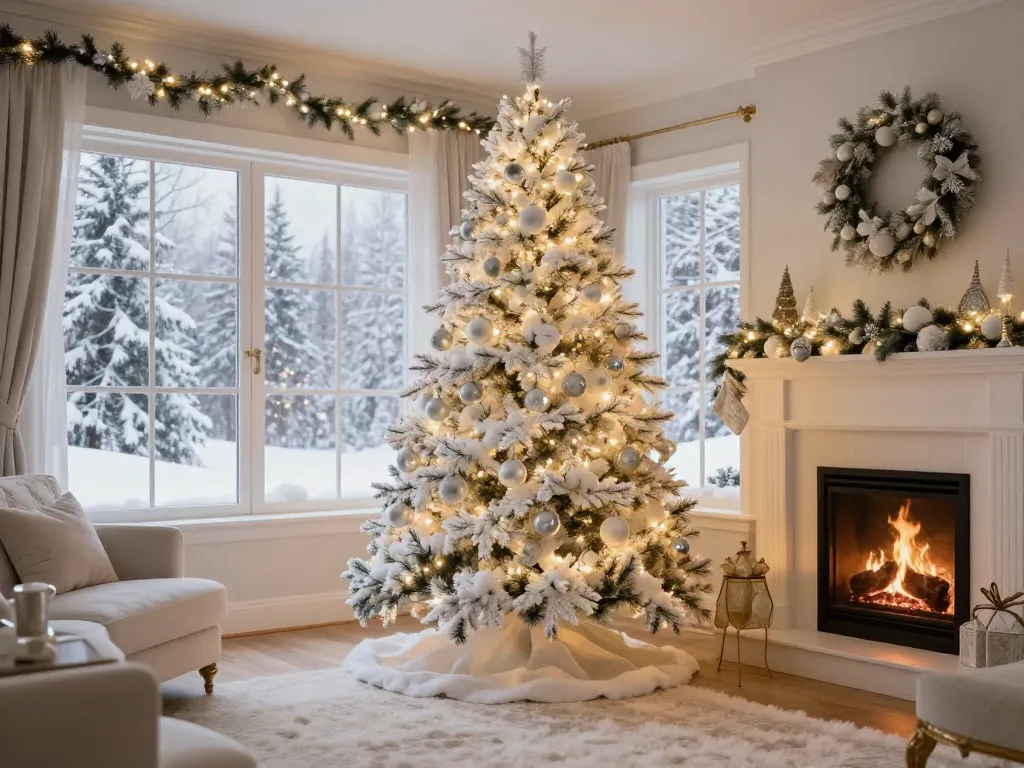 Stunning white tree xmas in a cozy living room with festive decorations.