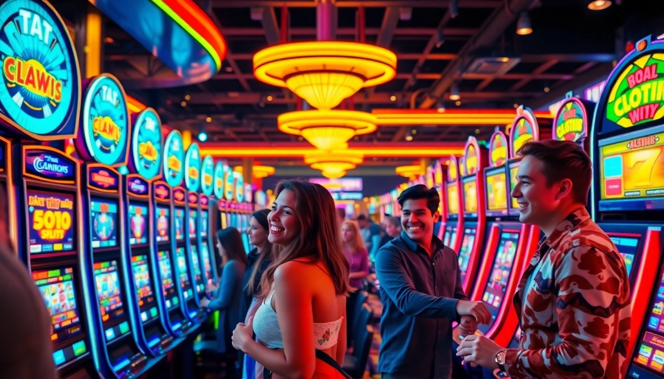Engaging in slot gambling with colorful machines and joyful players in a vibrant casino scene.