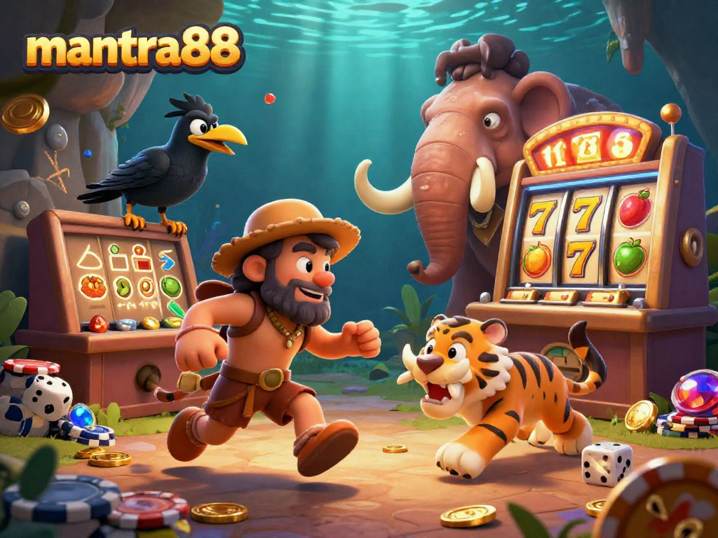 Experience exhilarating gameplay with mantra88 at a vibrant prehistoric casino, featuring slot machines and dynamic visuals.