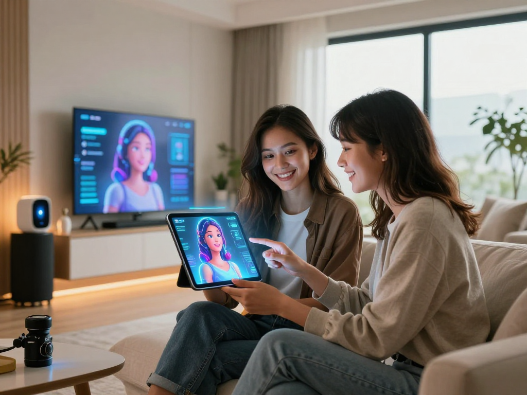 An engaging moment featuring an AI girlfriend technology interaction in a modern living room, showcasing the emotional connection and innovative design.