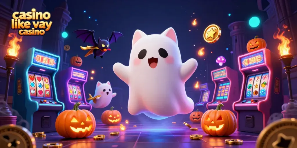 Experience thrilling moments at a casino like yay casino with a playful ghost cat and vibrant game symbols.