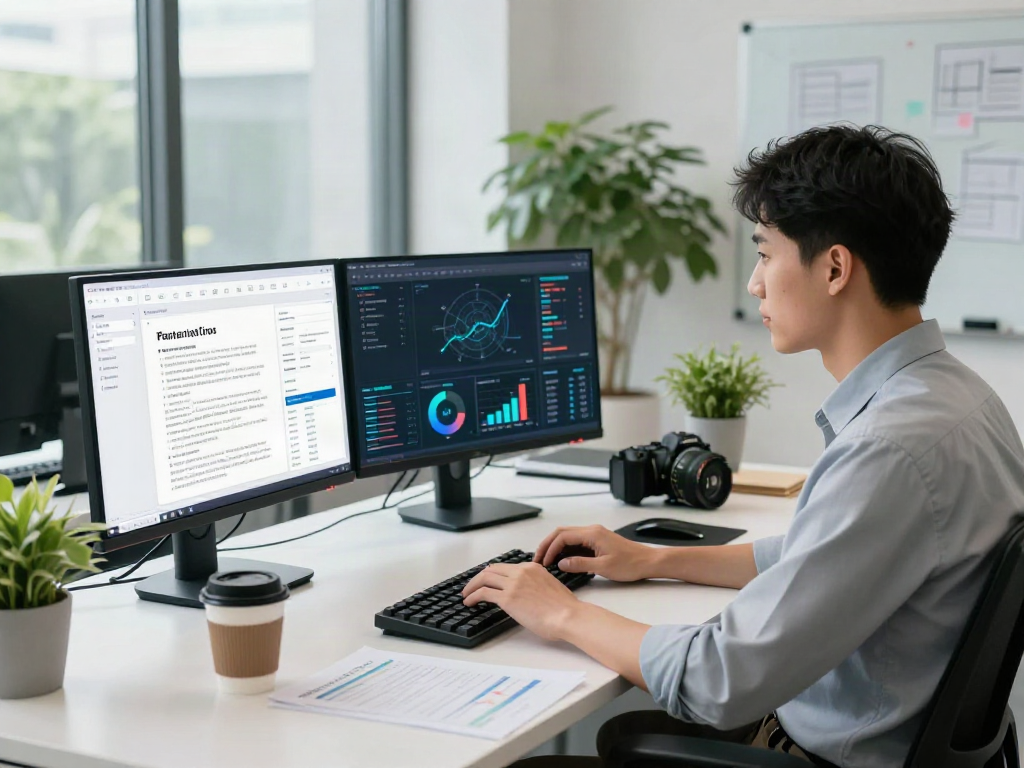 Data analyst using document fraud detection software in a modern workspace with monitors and data visuals.