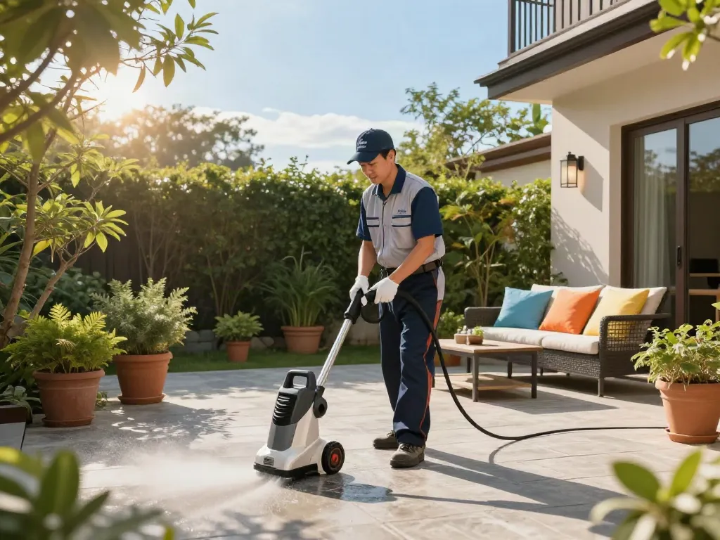 Professionelle Terrassenreinigung Firma in Bochum reinigt Steinbelag mit Hochdruckreiniger.