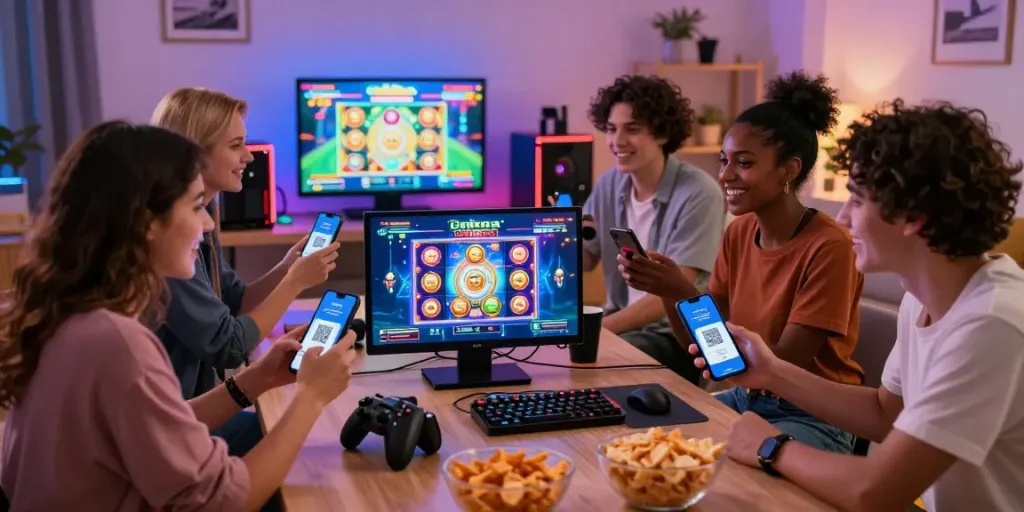 Group of friends enjoying a gaming night using slot qris payment in a vibrant living room setting.
