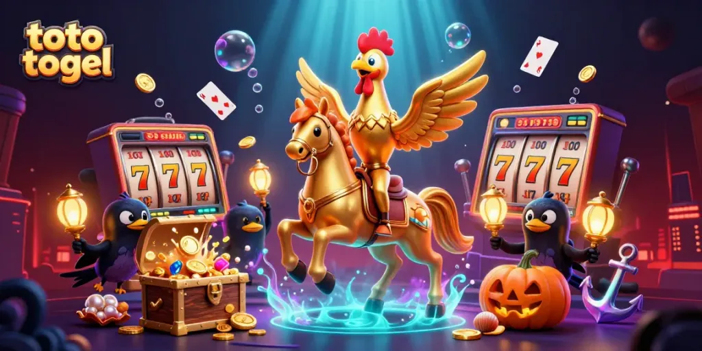 A golden rooster representing toto togel rides through a casino with crow companions amidst vibrant game elements.