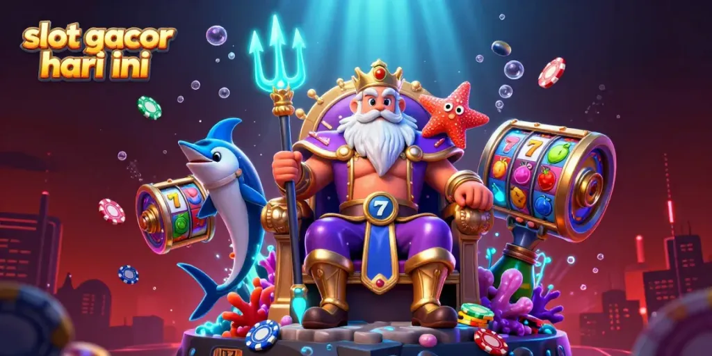 Gambarkan slot gacor hari ini dengan karakter raja laut dan elemen slot yang berwarna-warni.