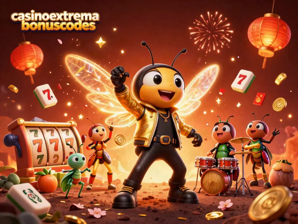 casinoextremebonuscodes features a lively illustration of a rock star cicada in a casino-themed celebration.