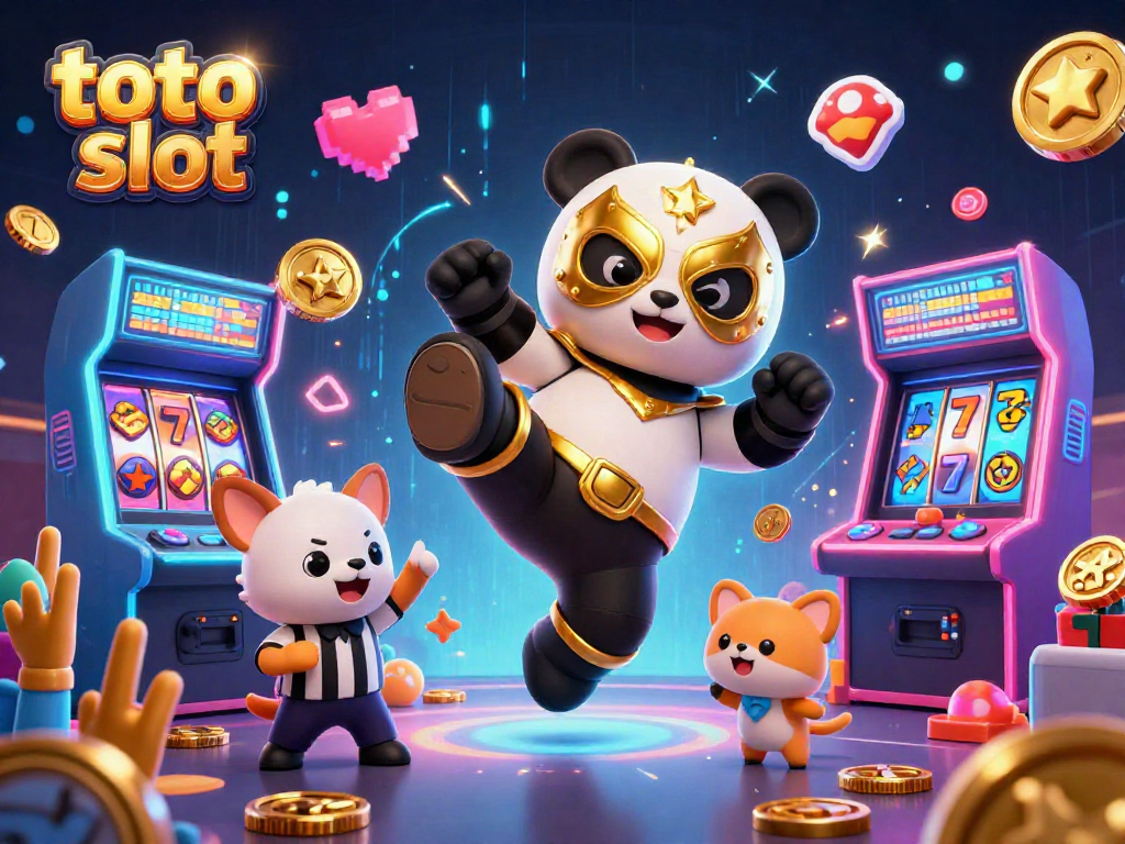 Menghadapi tantangan dalam permainan toto slot, panda pegulat 3D beraksi, dikelilingi oleh mesin permainan cerah dan penonton hewan kecil yang bersorak.