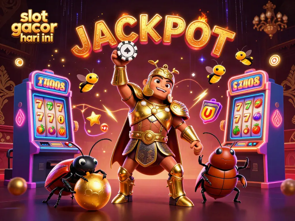 Engage in thrilling slot gacor hari ini action with cartoon beetles celebrating a jackpot amidst slot machines.