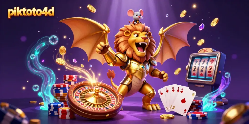 Experience the excitement of piktoto4d with a roaring chimera and casino elements in a vibrant 3D scene.
