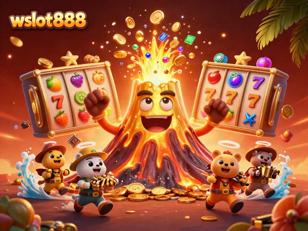 Wslot888 menghadirkan karakter gunung emas yang memancarkan harta dan simbol slot dalam ilustrasi 3D yang menawan.