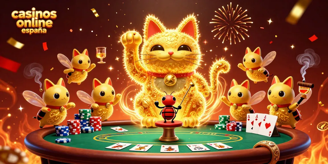 Explora casinos online España con una escena vibrante de un gato de la suerte en un entorno de juego lleno de acción.