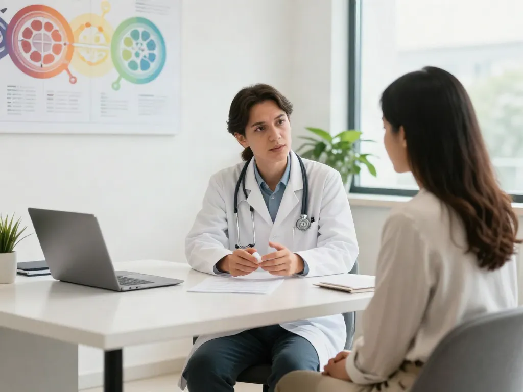 NAD+ peptide consultation in a bright therapy room with a healthcare professional discussing benefits with a patient.