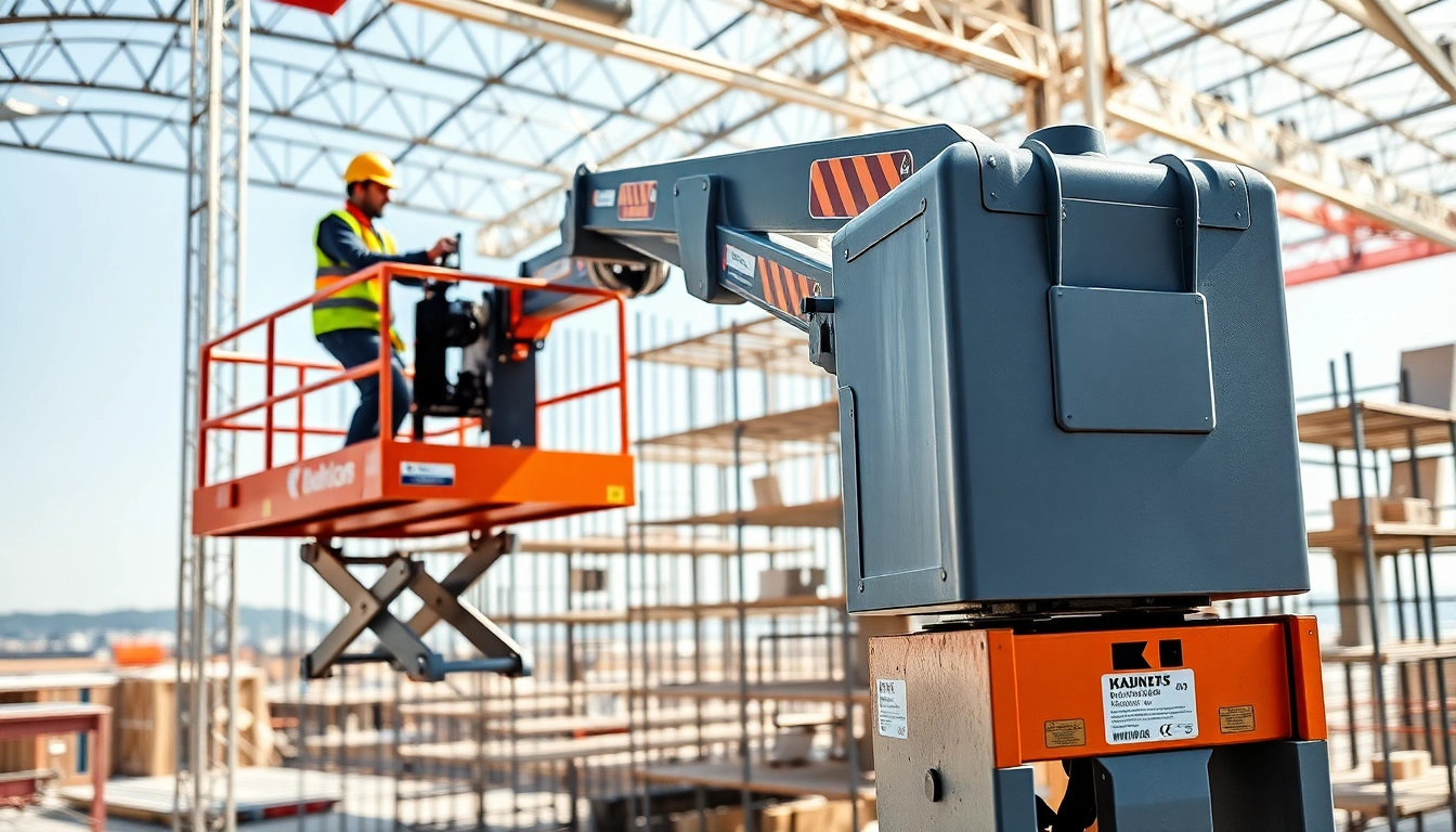 Worker efficiently using a manlift in a bustling construction environment.