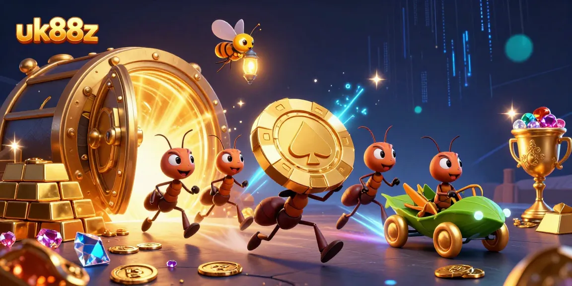 uk88z ants executing a casino heist carrying a giant poker chip surrounded by treasure