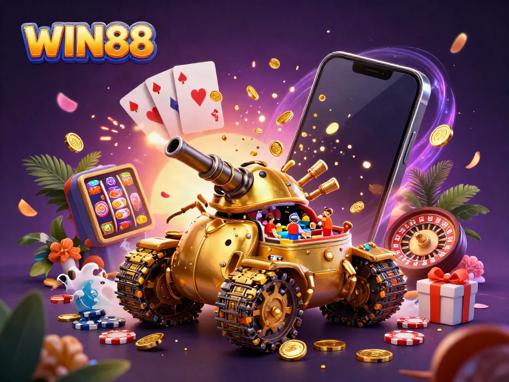 Experience the excitement of WIN88 with a vibrant 3D illustration of a golden beetle tank revealing a miniature casino