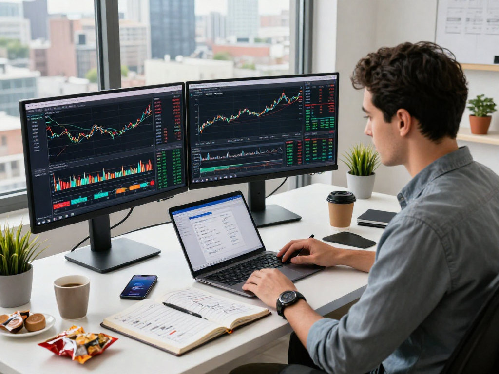 Trader using TradingView for market analysis in a modern office.