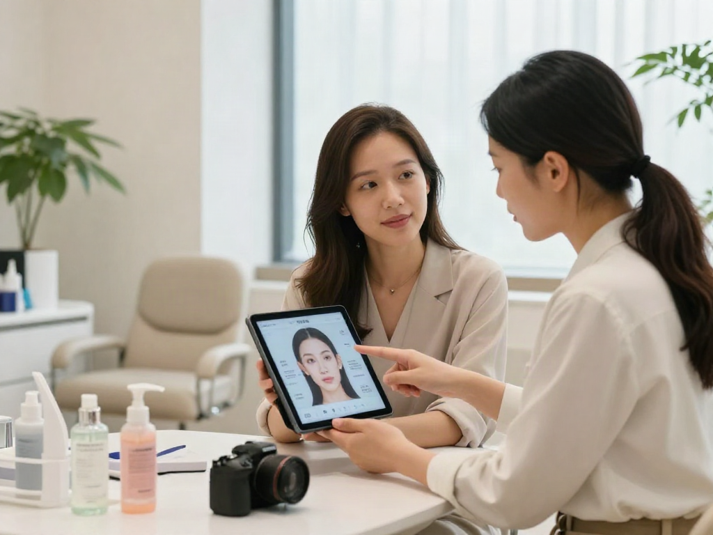 ClinicEvo cheaper than QOVES, woman evaluating facial analysis with consultant in modern aesthetics clinic.