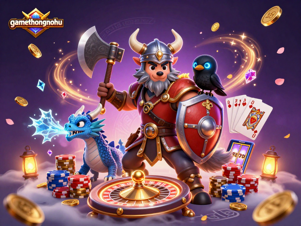 Experience vibrant gaming adventures with gamethuongnohu's bold Viking Wolf, icy dragon, and magical sparks!