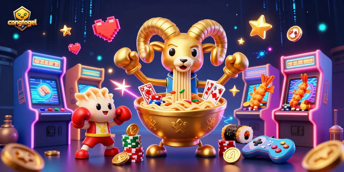 Engage with congtogel through a vibrant 3D illustration of a golden ramen bowl dealer and lively game elements.