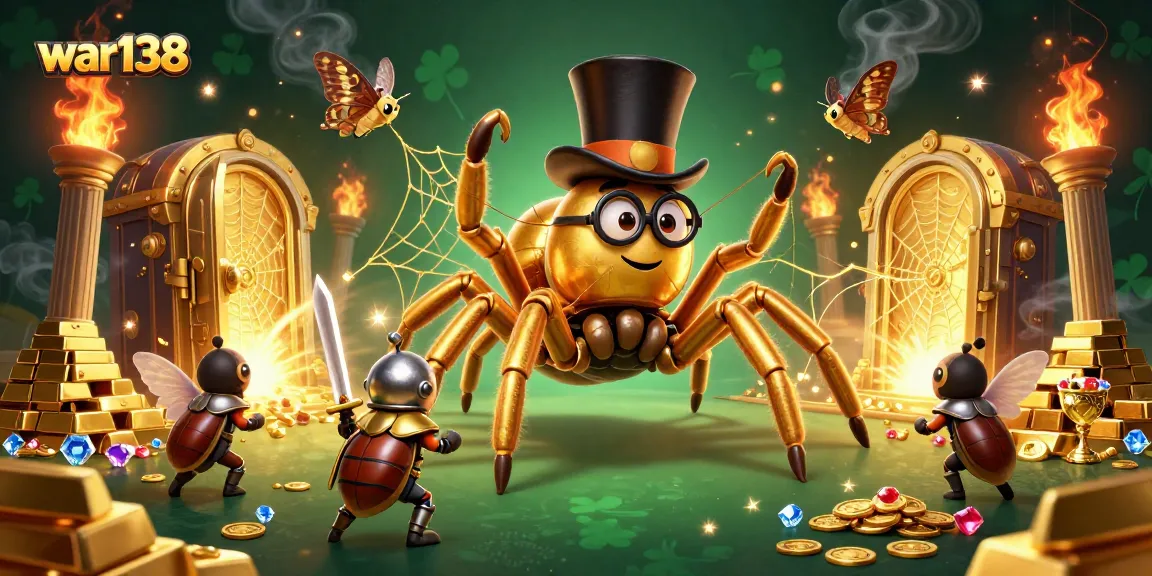 Experience thrilling wins at war138 with a captivating golden tarantula and beetle knight in a vibrant casino atmosphere.