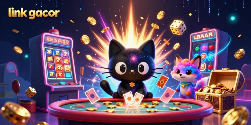 Engaging scene of a black hole cat and colorful fox in a cosmic casino, showcasing link gacor gaming excitement.