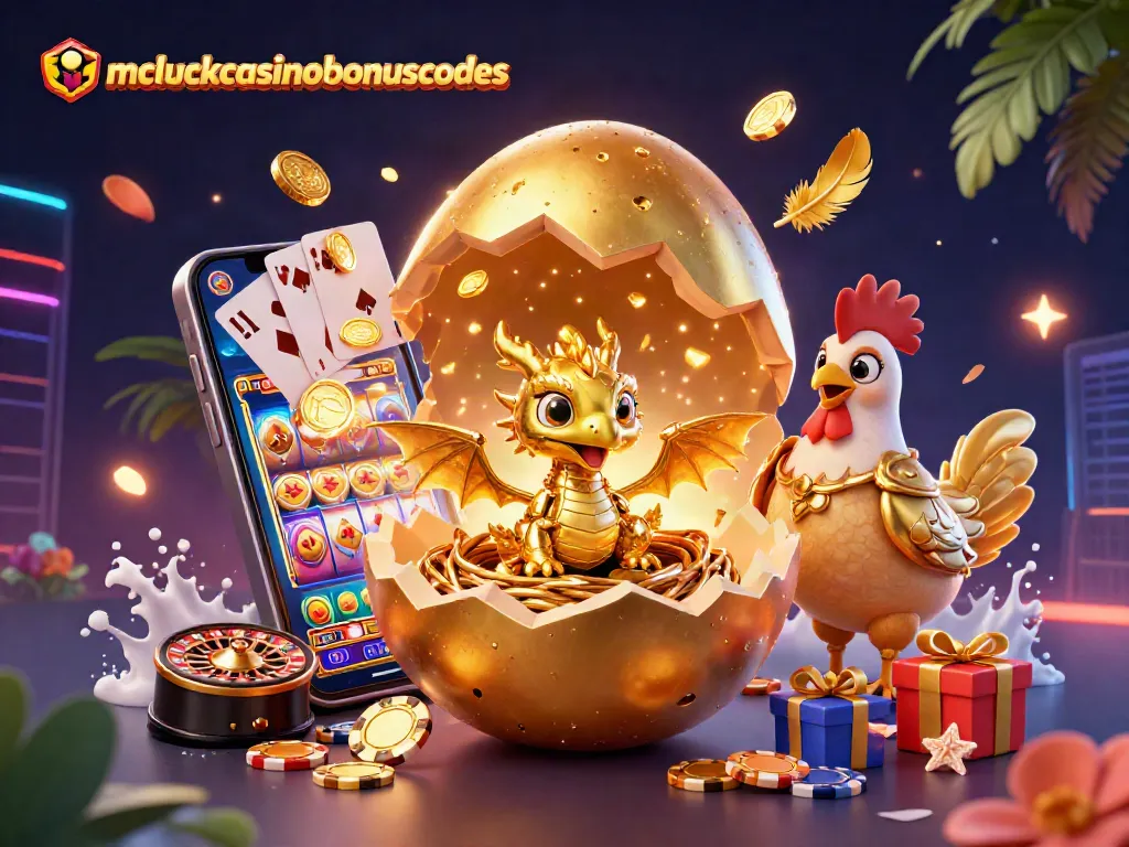 Play exciting games with mcluckcasinobonuscodes, featuring a golden baby dragon on poker chips amid vibrant casino elements.