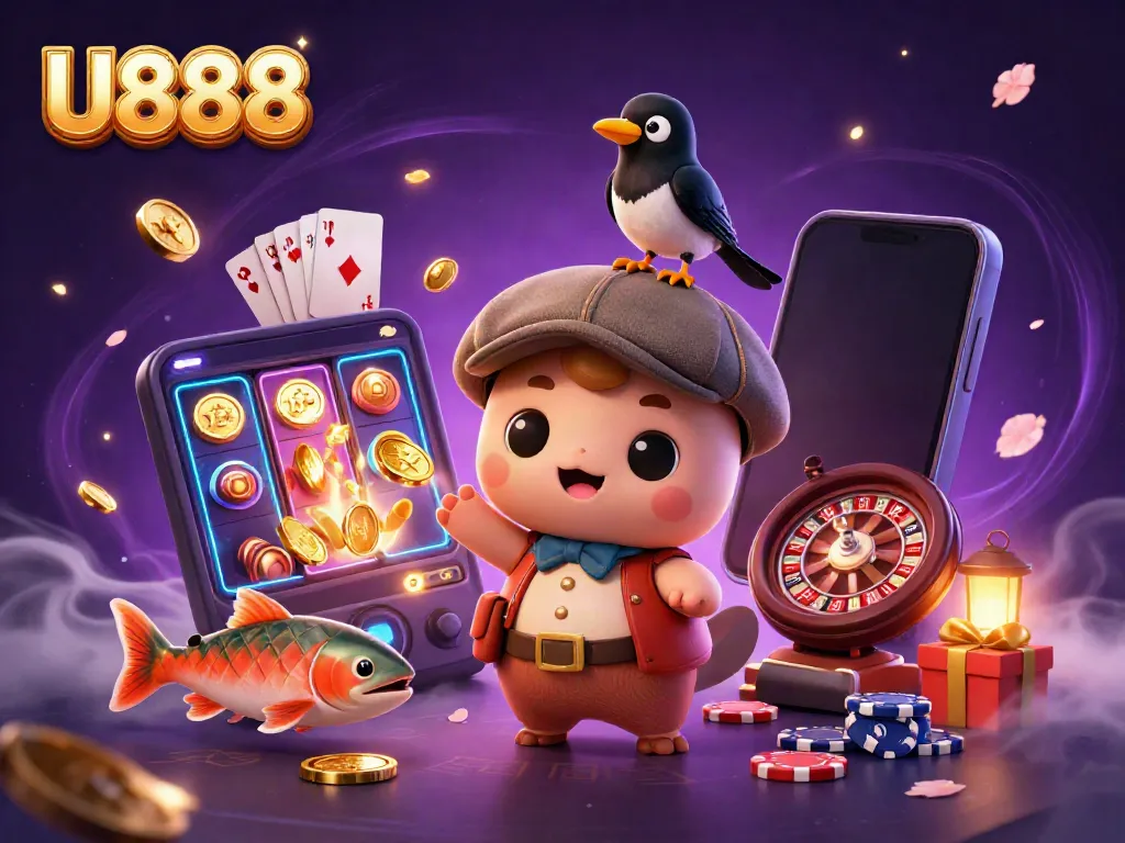 Win jackpots at U888 with fun characters in a vibrant casino setting.