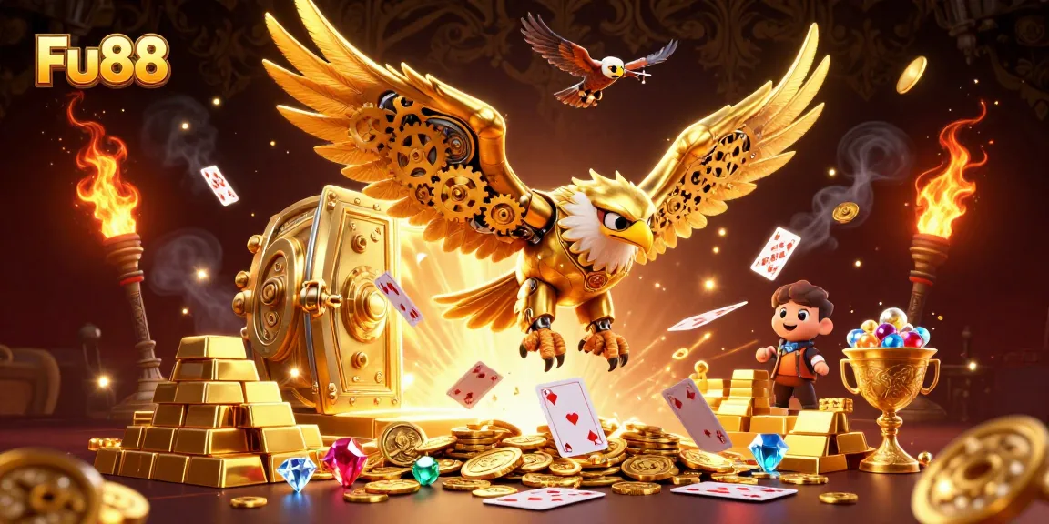 Experience excitement with Fu88, where the golden eagle dives through holographic cards in a vibrant casino scene.