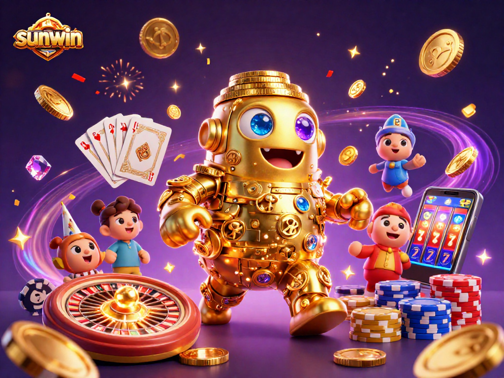 Experience thrilling wins with Sunwin's dynamic golem and casino elements in this vibrant illustration.