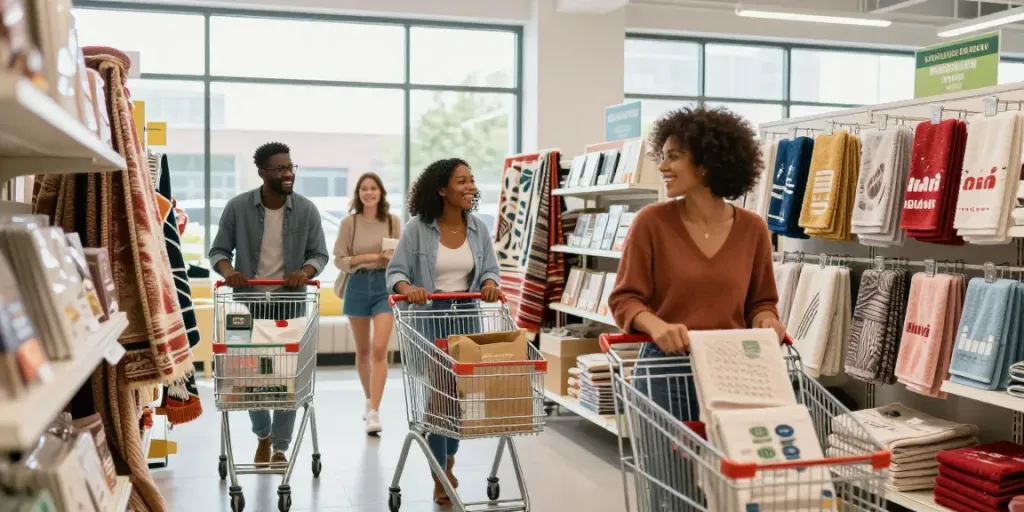 Shopsmart customers joyfully exploring diverse eco-friendly products in a vibrant retail space.
