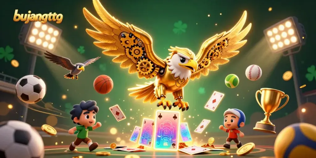 Experience thrilling action with bujang toto - a golden eagle soaring through a vibrant casino scene filled with sports and game elements.