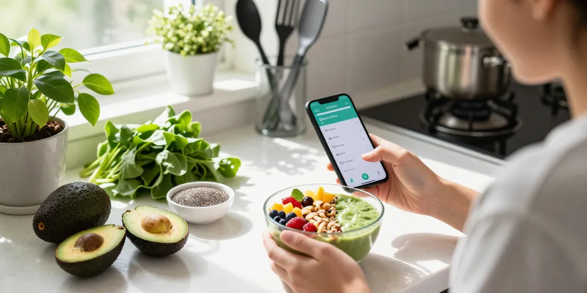 Individual using the best calorie tracker app in a bright kitchen with fresh smoothie bowl and healthy ingredients.