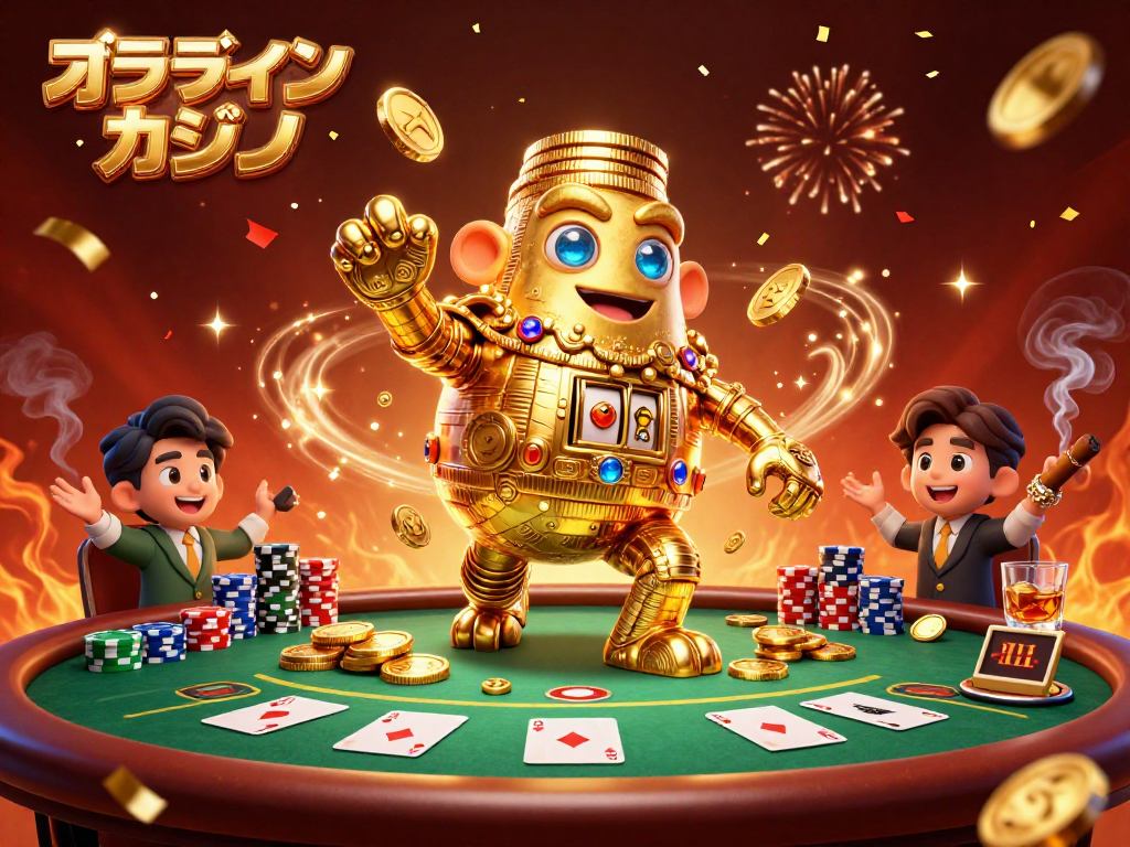 オンラインカジノのゴールデンゴーレムが豪華なポーカーテーブルでゲームを繰り広げる場面