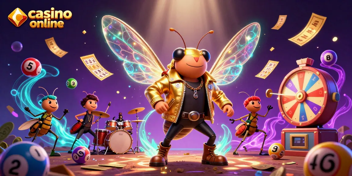 Gioca nei migliori casino online con un'illustrazione vivace di una rockstar e simboli del gioco.