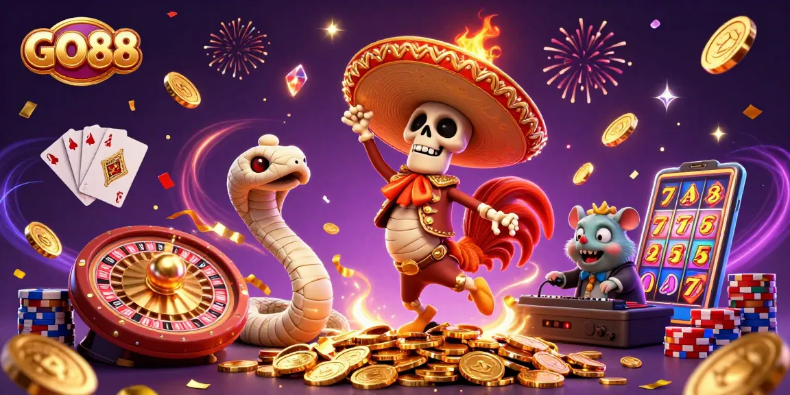 GO88 features exciting characters celebrating wins amidst a dynamic casino scene with golden coins and games.