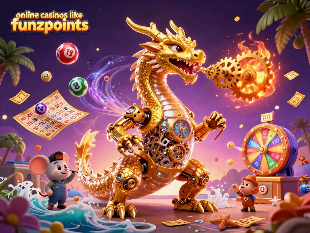 Play at online casinos like Funzpoints, featuring a vibrant 3D illustration of a golden dragon and engaging gaming elements.