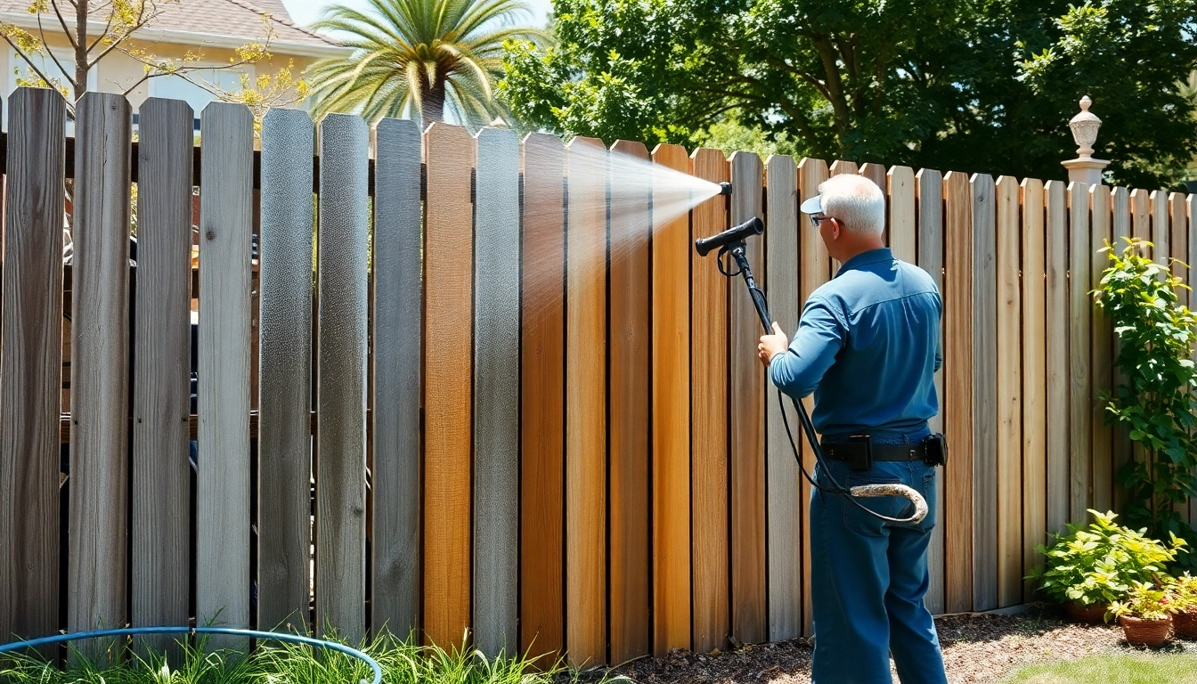 Fence Cleaning by a technician using a soft wash method in a residential backyard.