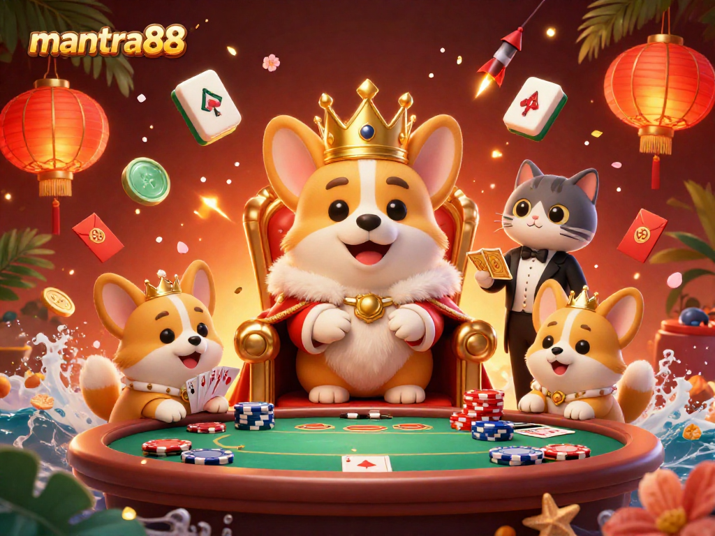 Experience the thrilling vibes of mantra88 with a vibrant 3D gaming scene featuring royal characters.