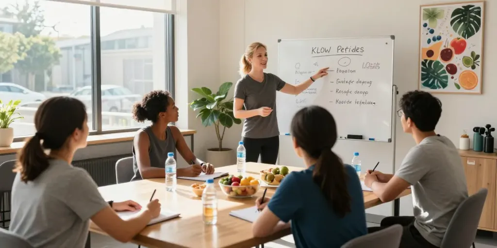Workshop on KLOW peptides benefits at health center, engaging attendees in wellness education.