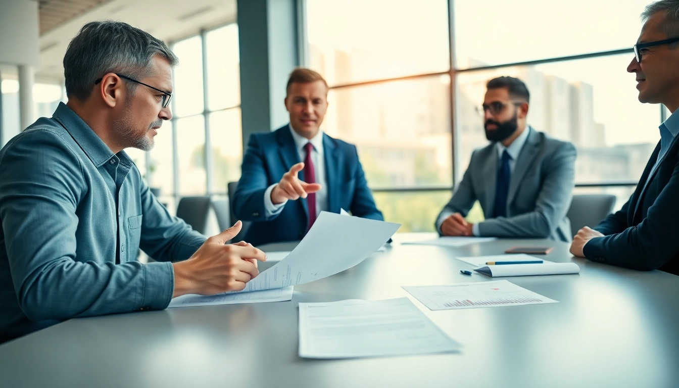 Discussing merchant cash advance regulation with financial advisors in a professional office.