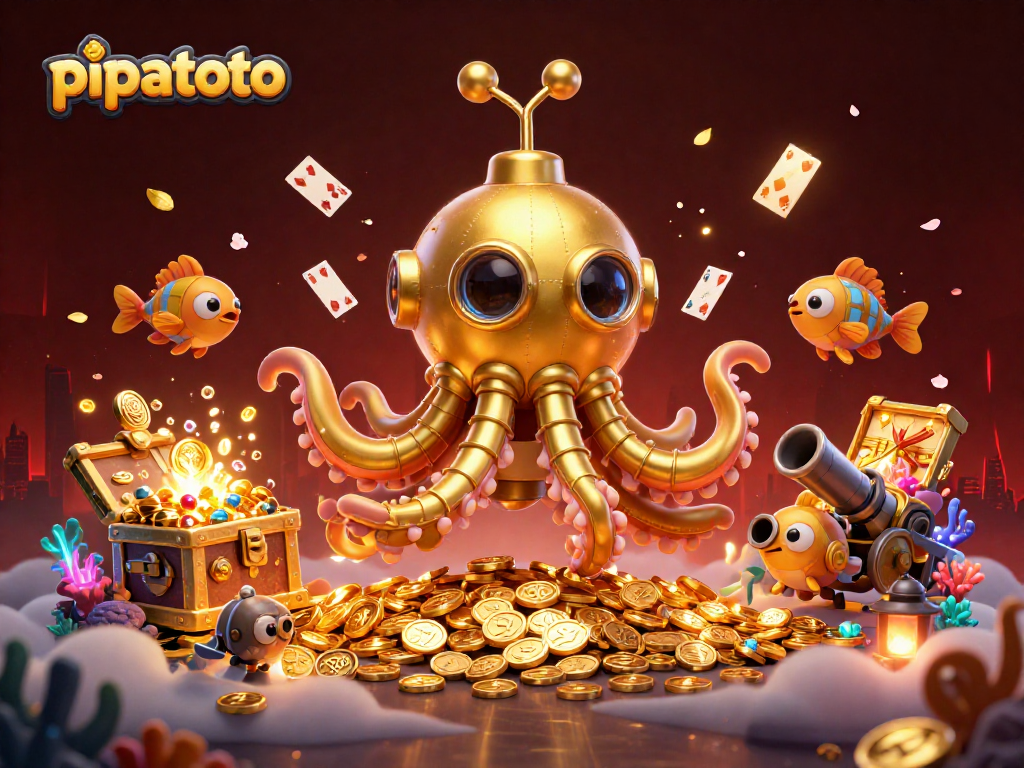 Pipatoto game illustration featuring a golden kraken submarine amidst treasures and cards, capturing gambling excitement.