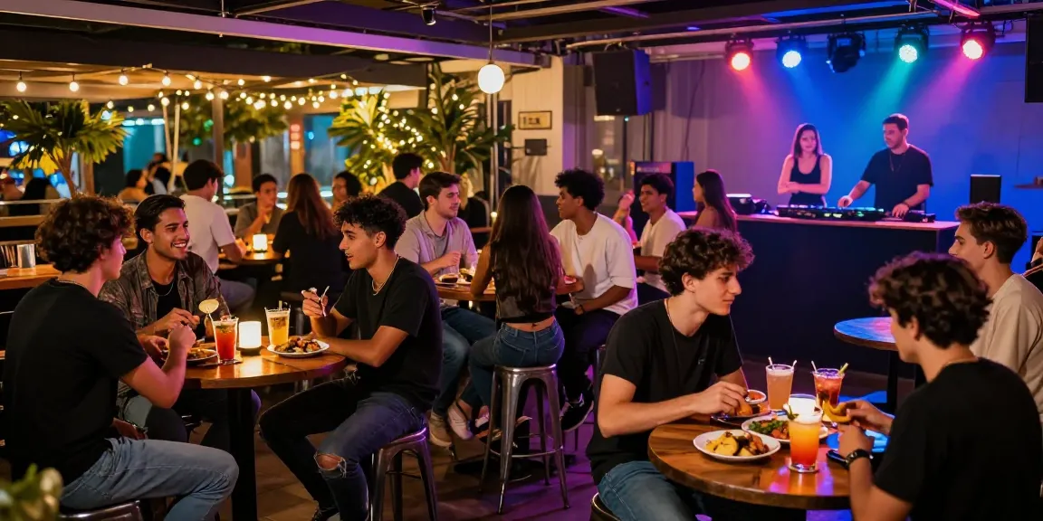 Vibrant nightlife atmosphere featuring young adults socializing at a lively 바 with cocktails, highlighting the 유흥사이트 experience.
