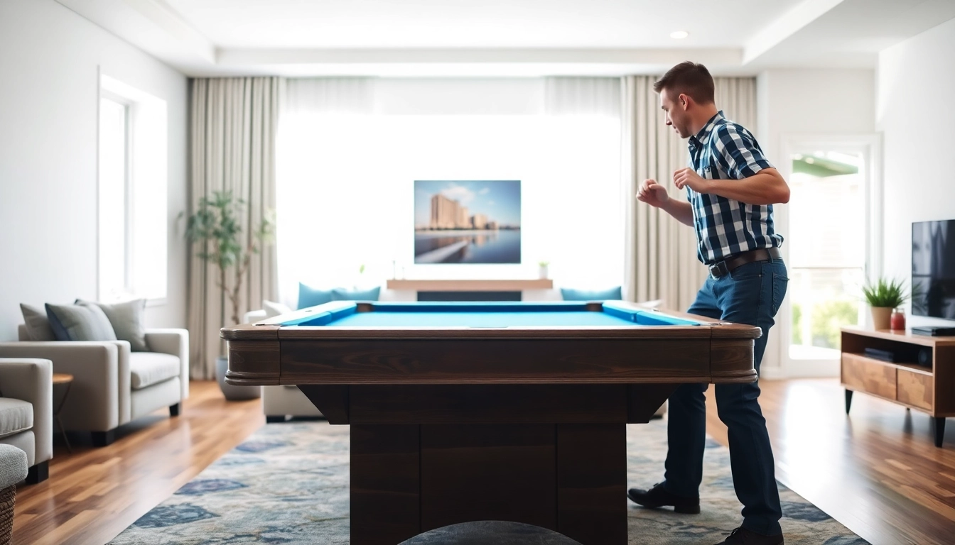Pool table mover safely lifting a slate pool table in a neat living room setting.
