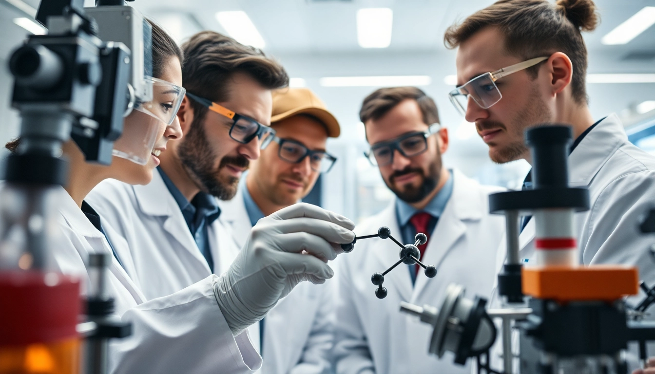 Investigate amc peptide structures in a high-tech lab setting with researchers.