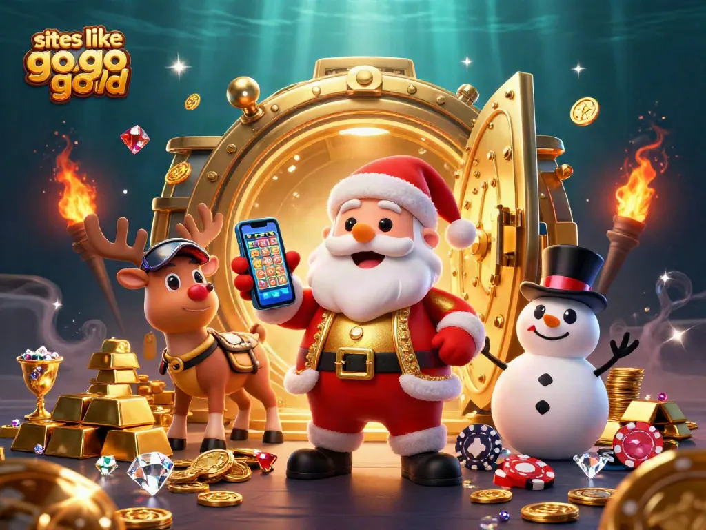 Spin and win with sites like go go gold in this festive 3D casino illustration, showing characters and riches.