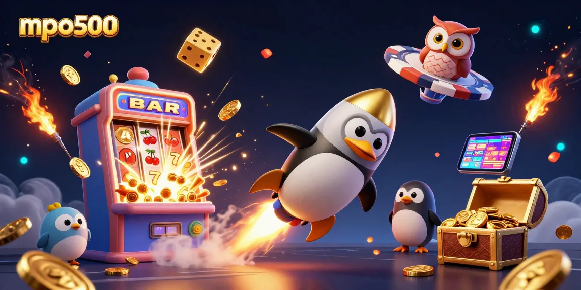 Experience mpo500's exciting rocket-powered penguin soaring towards a giant poker chip casino, filled with vibrant jackpots.