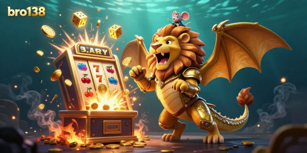 Spin to win with bro138's golden chimera amid a jackpot scene bursting with casino excitement.