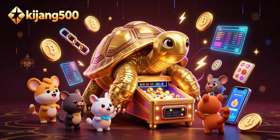 Gambarkan permainan slot di kijang500 dengan kura-kura emas dan hewan kecil yang antusias.