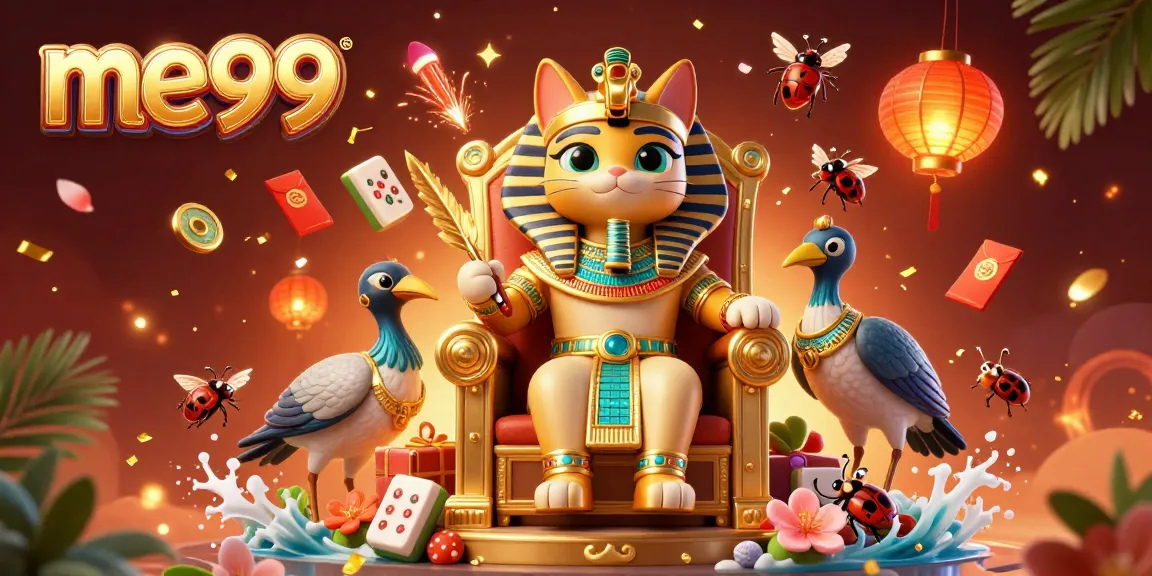 Immerse in the vibrant me99 casino world as pharaoh cat and friends celebrate with golden reels and festive elements.